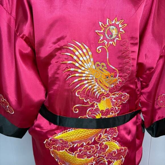 Reversible Satin Japan Belted Kimono Robe - Dragon Embroidered Red Black Long - Picture 5 of 9